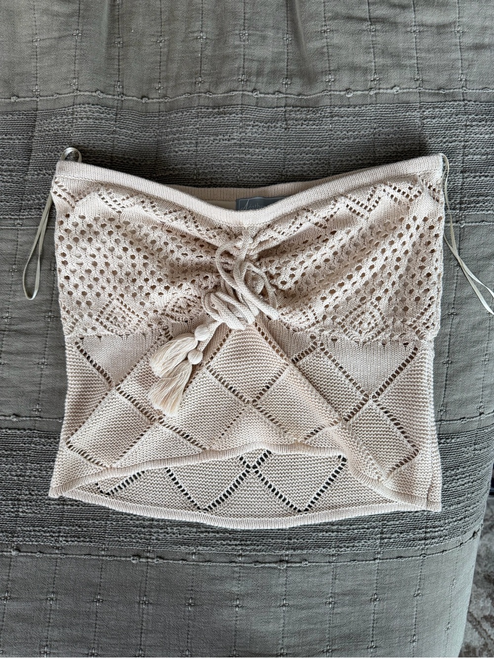 Lizard Thicket Cream Crochet Strapless Tube Top with Tassel Tie